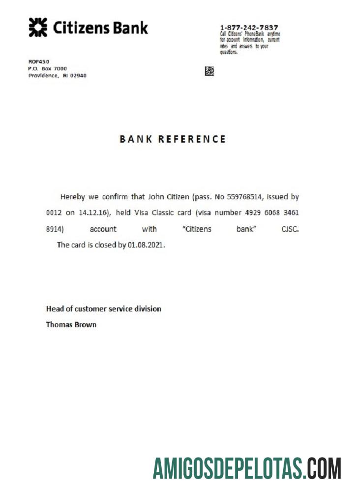 Referência de fechamento do banco de cidadãos dos EUA exemplo real